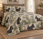 Scottish Terrier Rustic Farmhouse Quilt Set, low side-angle bedroom view