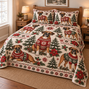 Boxer Cozy Christmas Sweater Quilt Set, low side-angle bedroom view