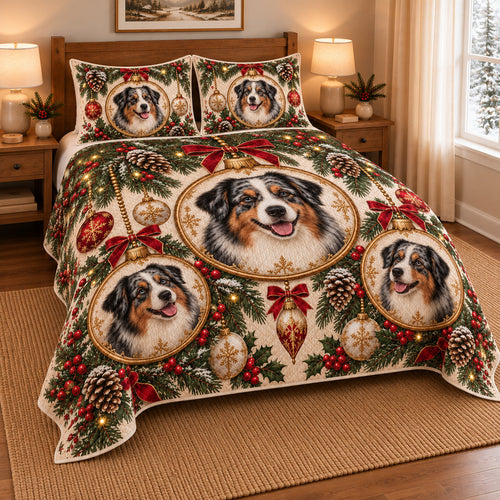 Australian Shepherd Ornament Medallions Christmas Quilt Set, low side-angle bedroom view