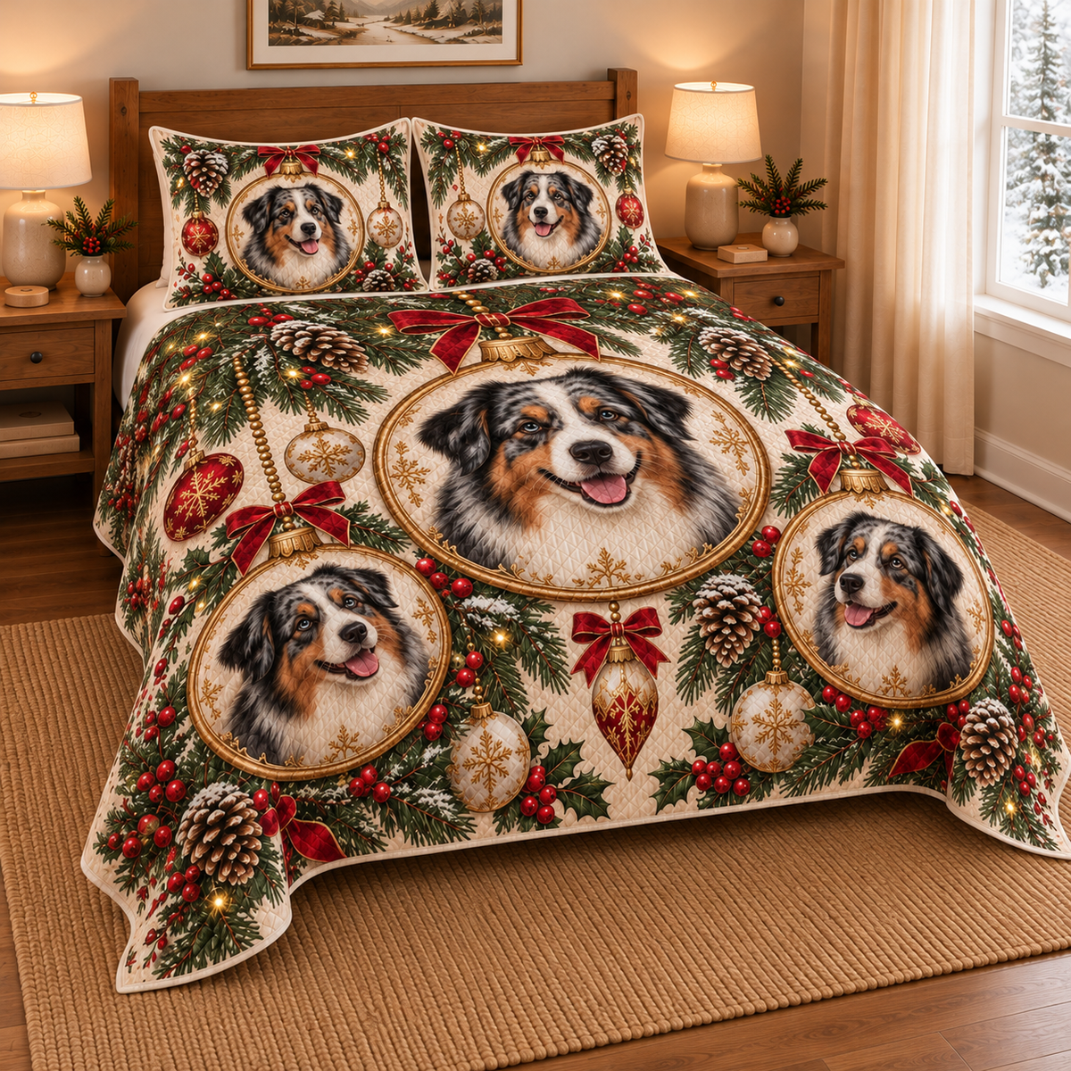 Australian Shepherd Ornament Medallions Christmas Quilt Set, low side-angle bedroom view