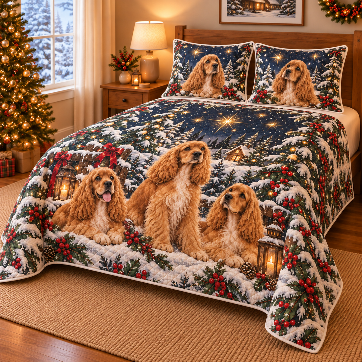 Cocker Spaniel Starlit Christmas Forest Quilt Set, low side-angle bedroom view