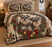 Schnauzer Christmas Wreath Quilt Set, low side-angle bedroom view