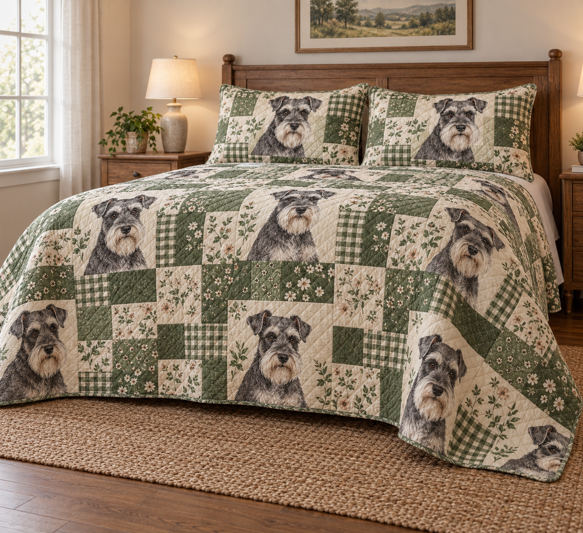 Schnauzer Heritage Patchwork Quilt Set, low side-angle bedroom view