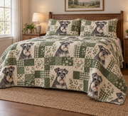 Schnauzer Heritage Patchwork Quilt Set, low side-angle bedroom view