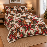 Boxer Peppermint Ribbons Christmas Quilt Set, low side-angle bedroom view
