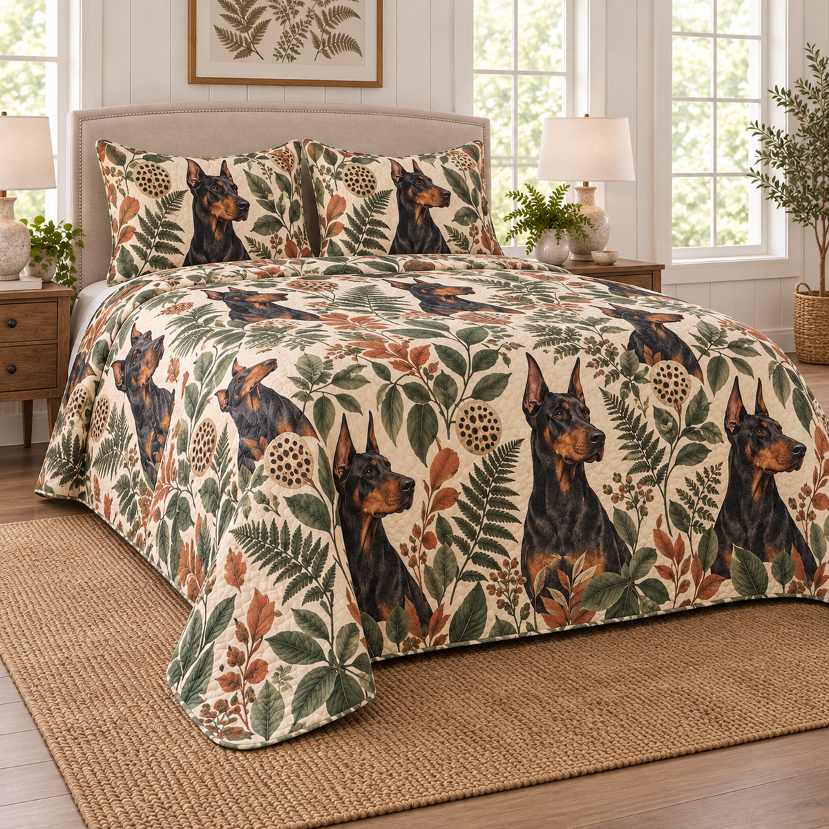 Doberman Pinscher Spotted Botanical Quilt Set, low side-angle bedroom view