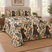 Doberman Pinscher Spotted Botanical Quilt Set, low side-angle bedroom view