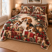 Beagle Gifts and Puppies Christmas Quilt Set, low side-angle bedroom view