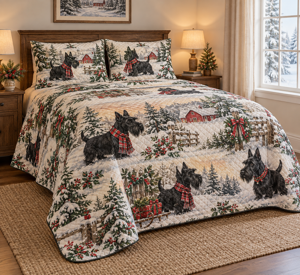 Scottish Terrier Vintage Postcards Christmas Quilt Set, low side-angle bedroom view