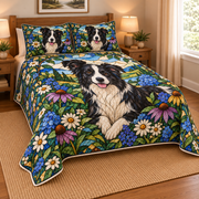 Border Collie Garden Stained Glass Quilt Set, low side-angle bedroom view