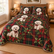 Bichon Frise Heritage Tartan Christmas Quilt Set, low side-angle bedroom view