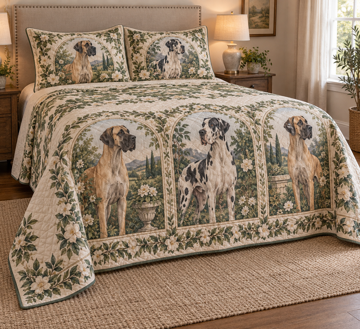 Great Dane Garden Cameos Quilt Set, low side-angle bedroom view