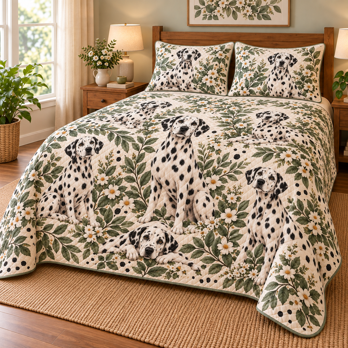 Dalmatian Spotted Botanical Quilt Set, low side-angle bedroom view