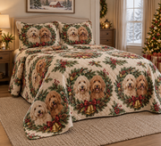 Labradoodle Christmas Wreath Quilt Set, low side-angle bedroom view