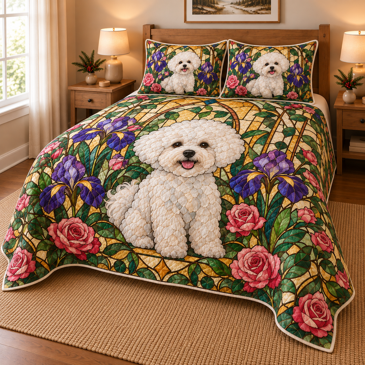Bichon Frise Garden Stained Glass Quilt Set, low side-angle bedroom view
