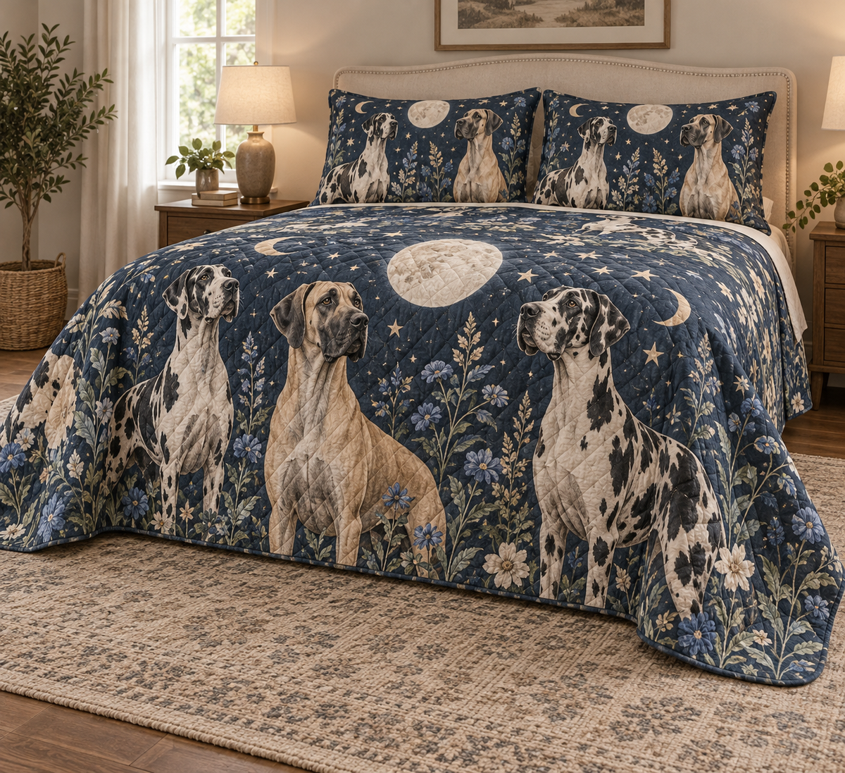 Great Dane Celestial Night Quilt Set, low side-angle bedroom view