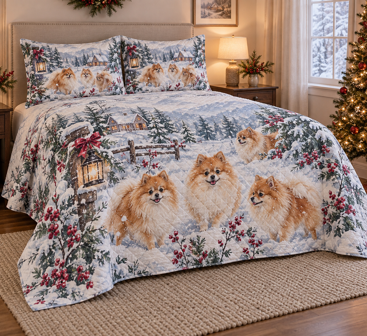 Pomeranian Snowy Watercolor Christmas Quilt Set, low side-angle bedroom view