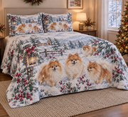 Pomeranian Snowy Watercolor Christmas Quilt Set, low side-angle bedroom view