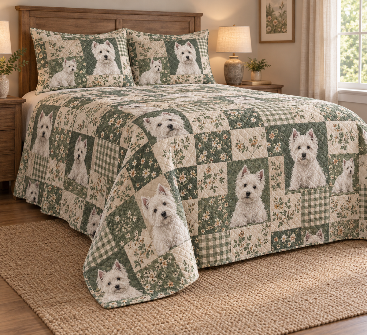 West Highland White Terrier Heritage Patchwork Quilt Set, low side-angle bedroom view