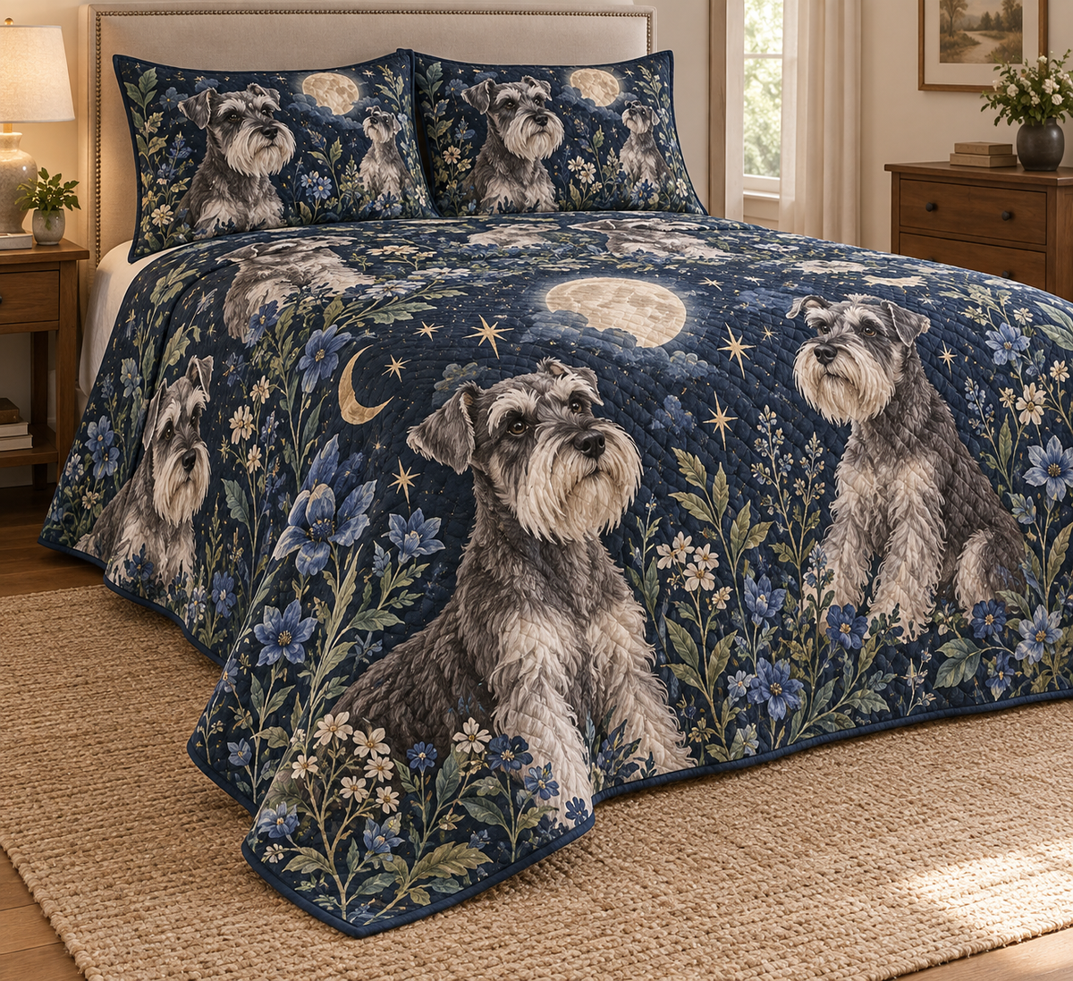 Schnauzer Celestial Night Quilt Set, low side-angle bedroom view