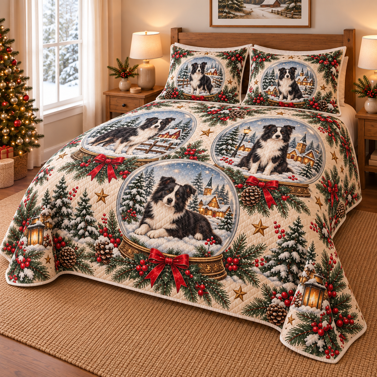 Border Collie Winter Snow Globes Christmas Quilt Set, low side-angle bedroom view