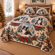 Border Collie Winter Snow Globes Christmas Quilt Set, low side-angle bedroom view