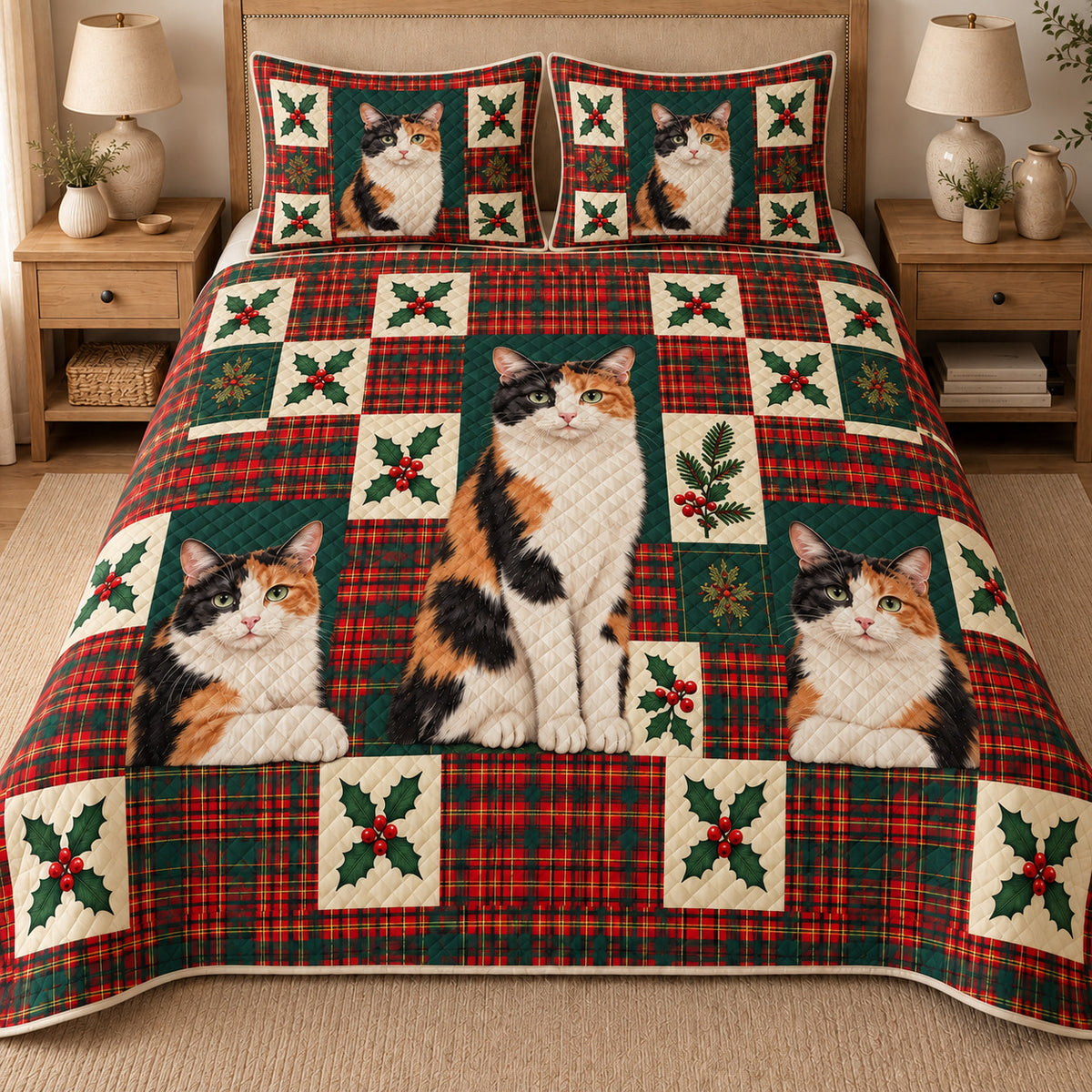 Calico Cat Heritage Tartan Christmas Quilt Set, matching mockup detail view