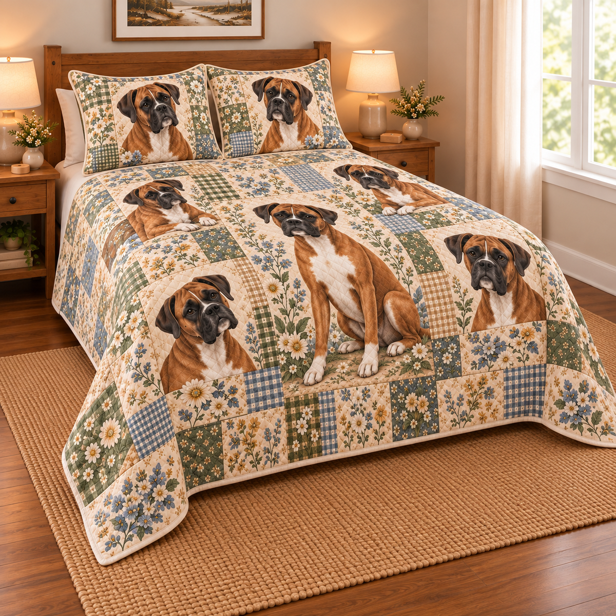 Boxer Heritage Patchwork Quilt Set, low side-angle bedroom view