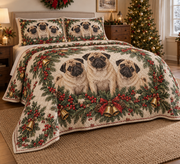 Pug Christmas Wreath Quilt Set, low side-angle bedroom view