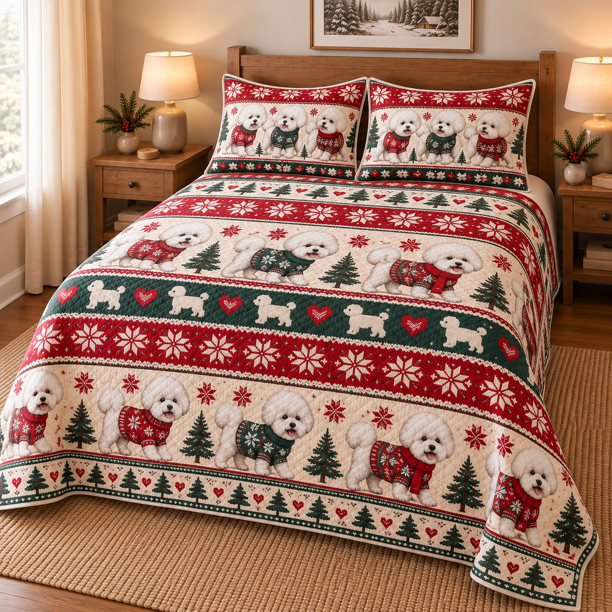 Bichon Frise Cozy Christmas Sweater Quilt Set, low side-angle bedroom view