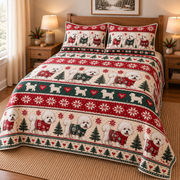 Bichon Frise Cozy Christmas Sweater Quilt Set, low side-angle bedroom view