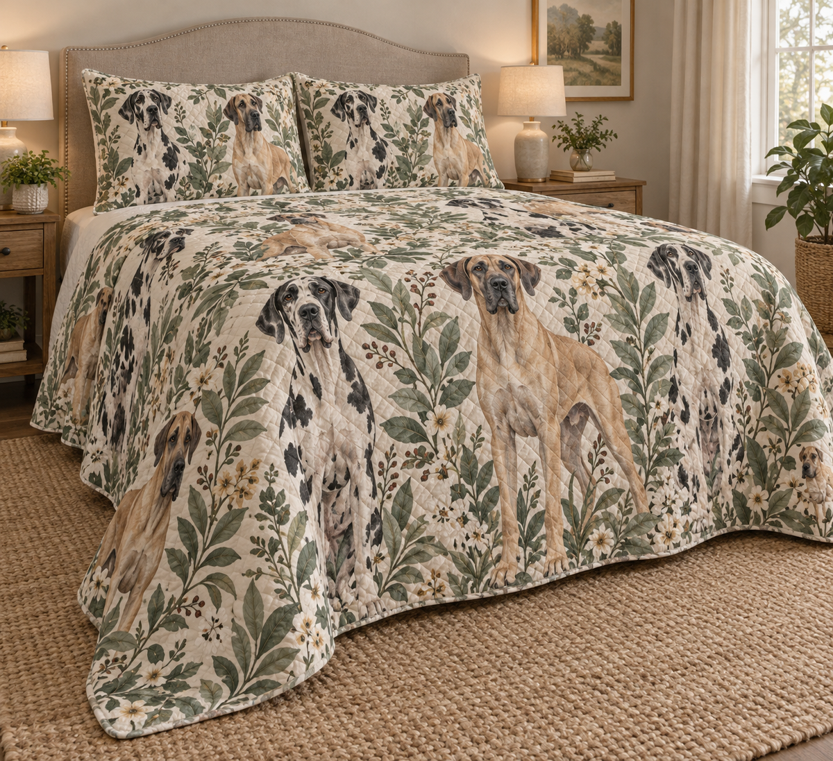 Great Dane Spotted Botanical Quilt Set, low side-angle bedroom view