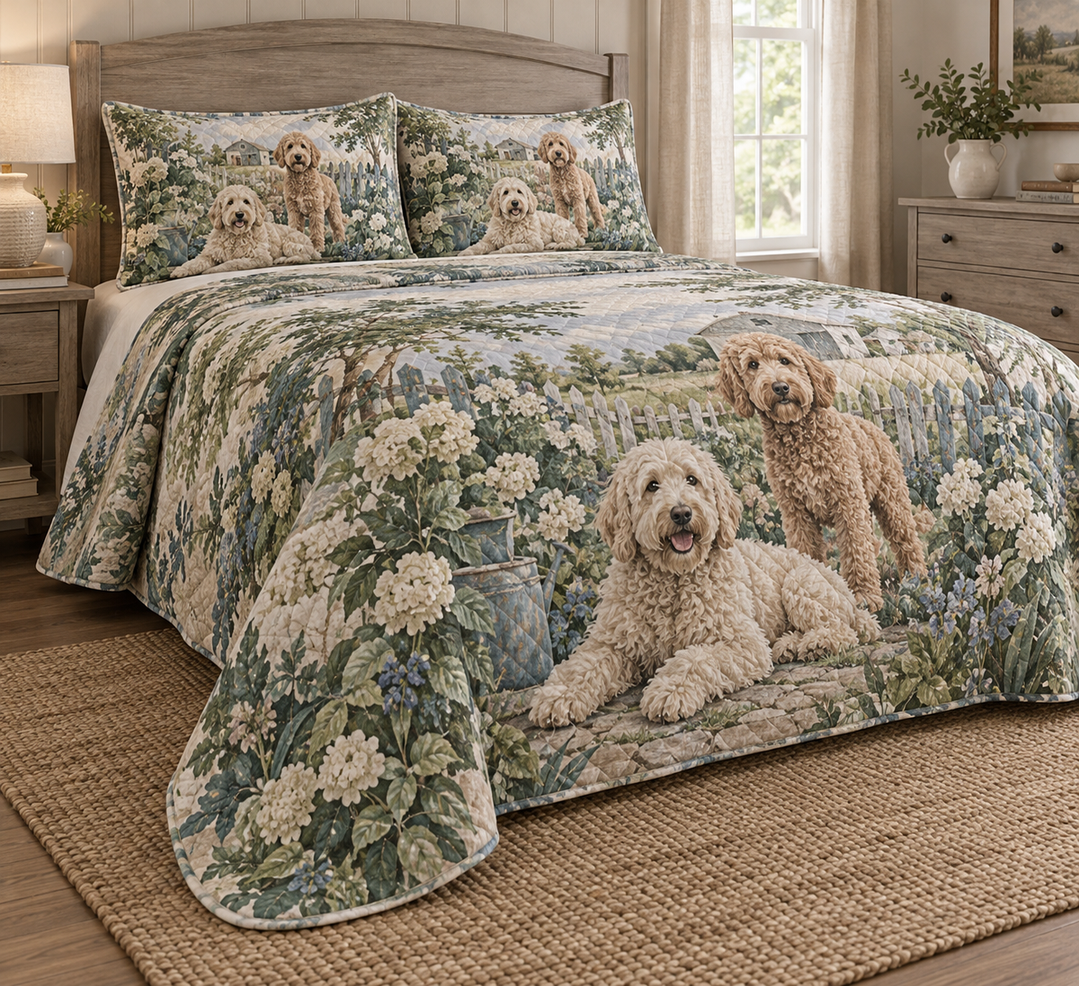 Labradoodle Rustic Farmhouse Quilt Set, low side-angle bedroom view