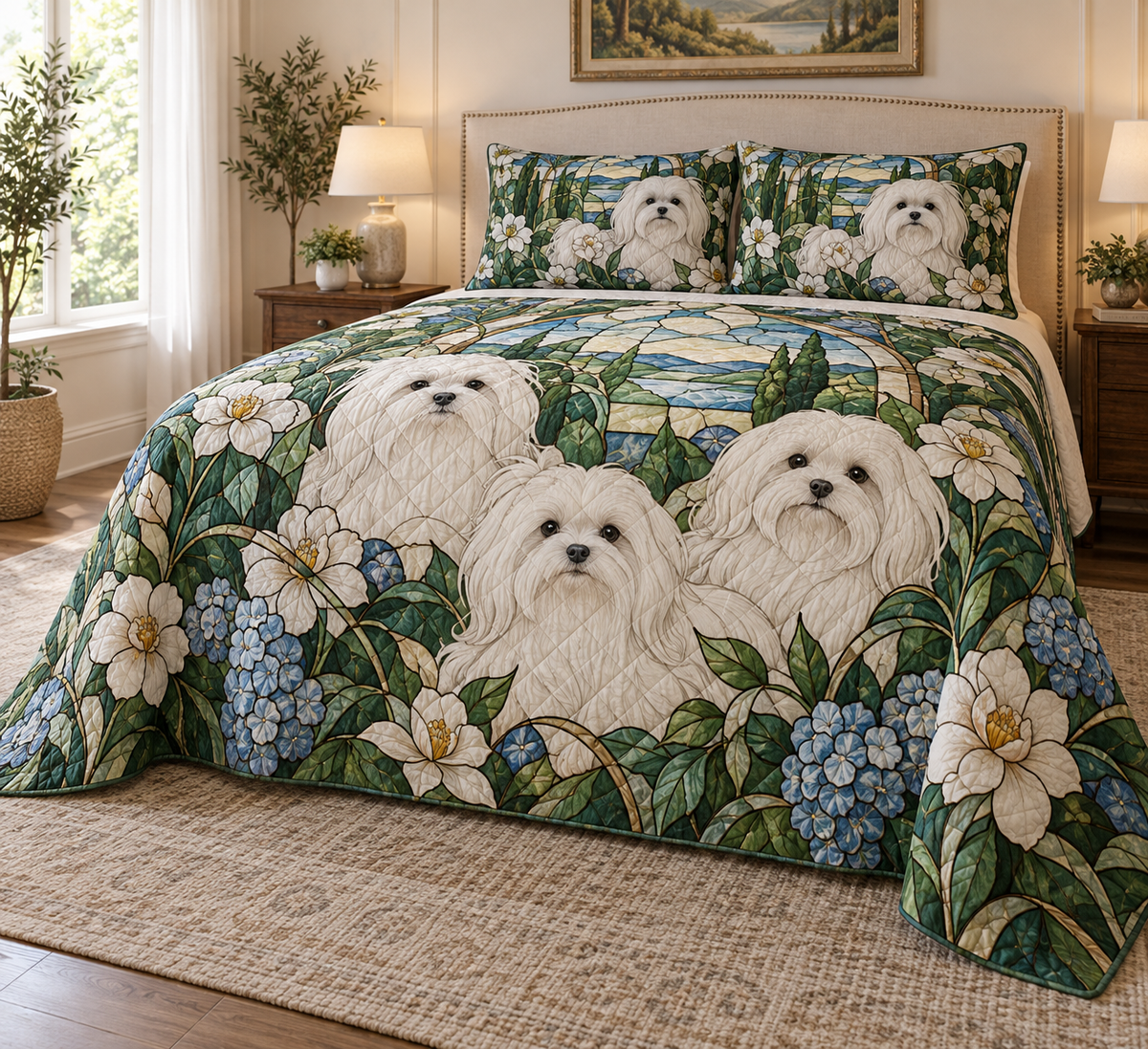 Maltese Garden Stained Glass Quilt Set, low side-angle bedroom view