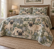 Pug Rustic Farmhouse Quilt Set, low side-angle bedroom view