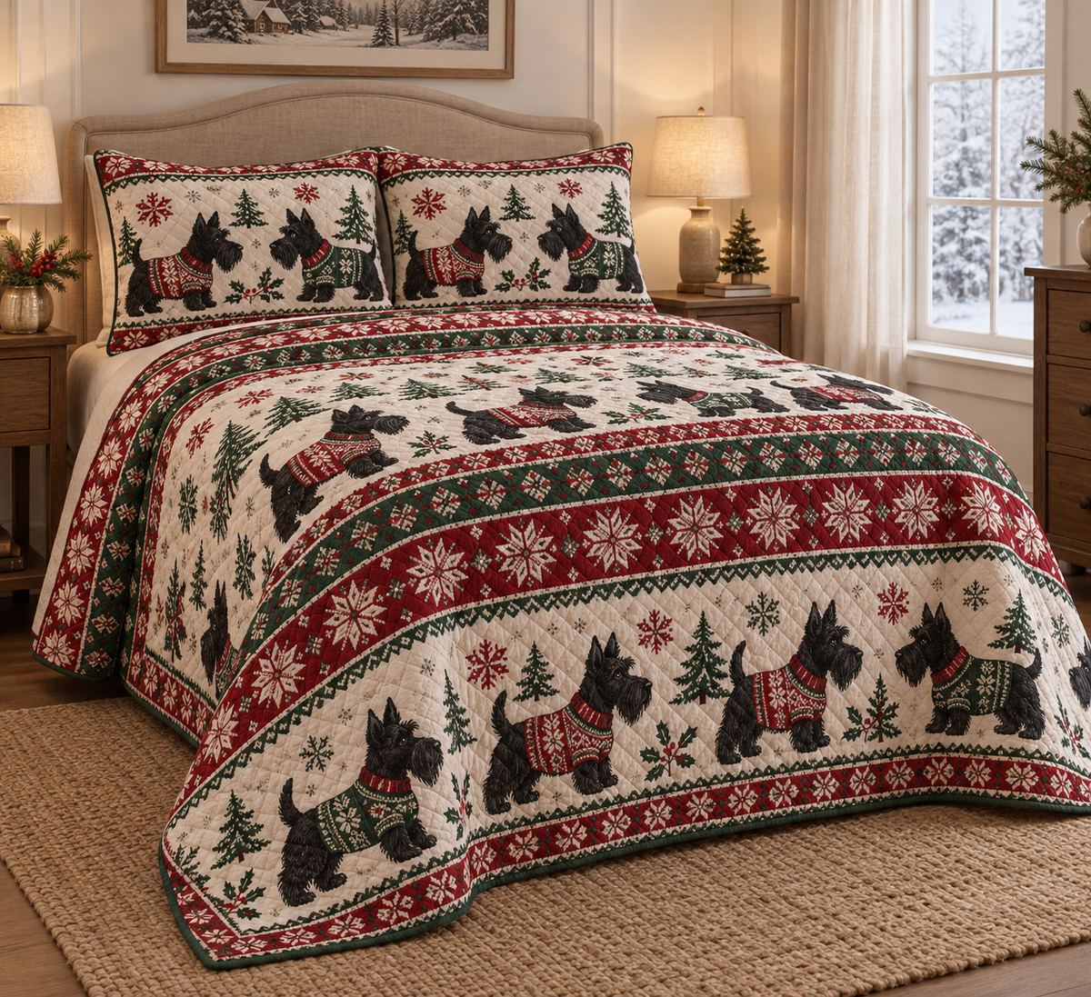 Scottish Terrier Cozy Sweater Christmas Quilt Set, low side-angle bedroom view