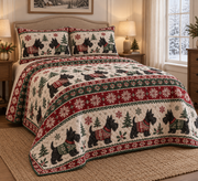 Scottish Terrier Cozy Sweater Christmas Quilt Set, low side-angle bedroom view