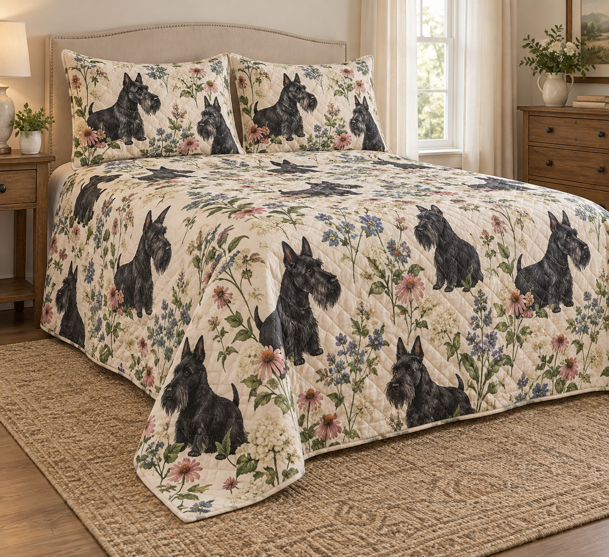 Scottish Terrier Cottage Floral Quilt Set, low side-angle bedroom view