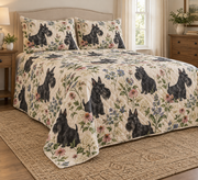 Scottish Terrier Cottage Floral Quilt Set, low side-angle bedroom view