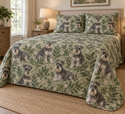 Schnauzer Spotted Botanical Quilt Set, low side-angle bedroom view