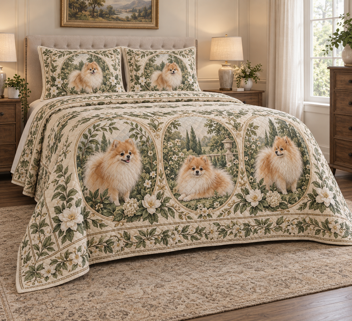 Pomeranian Garden Cameos Quilt Set, low side-angle bedroom view