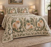 Pomeranian Garden Cameos Quilt Set, low side-angle bedroom view