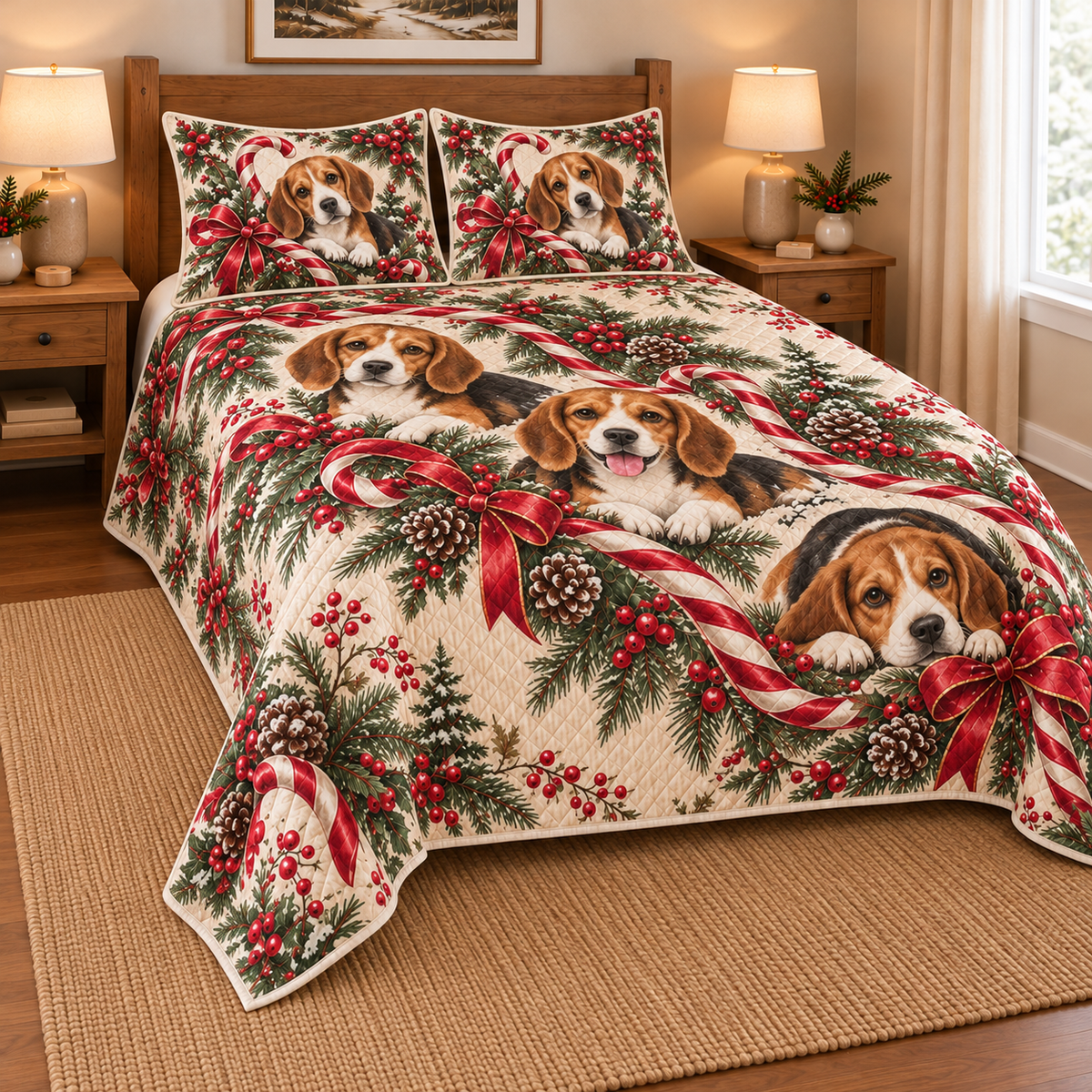 Beagle Peppermint Ribbons Christmas Quilt Set, low side-angle bedroom view
