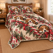 Beagle Peppermint Ribbons Christmas Quilt Set, low side-angle bedroom view