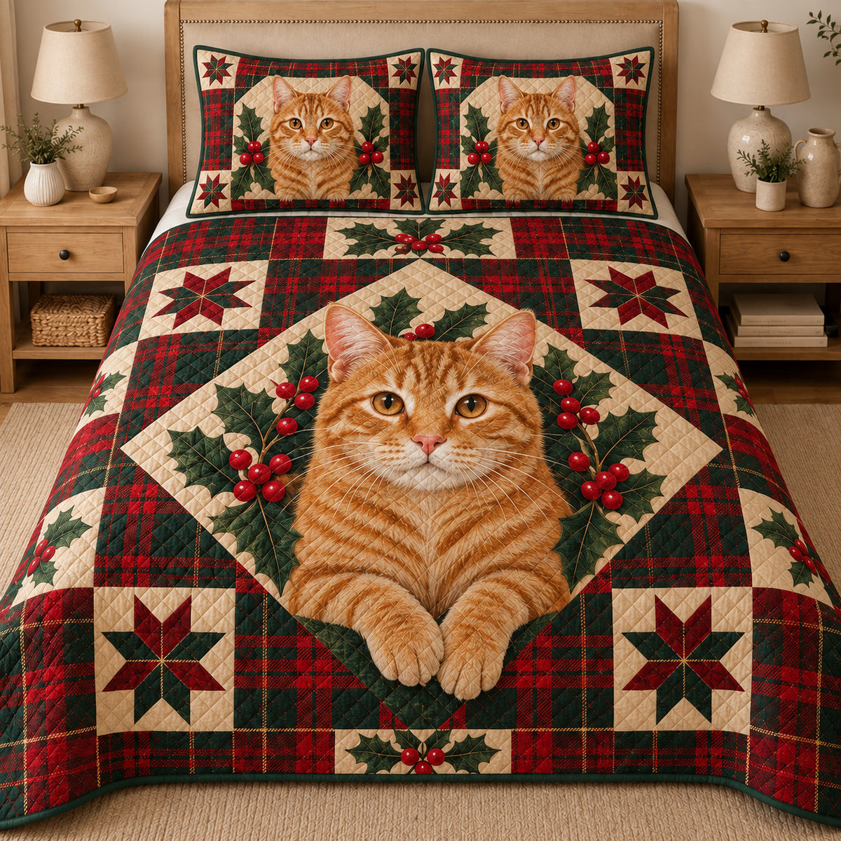 Orange Tabby Cat Heritage Tartan Christmas Quilt Set, matching mockup detail view