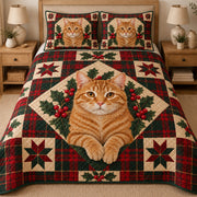 Orange Tabby Cat Heritage Tartan Christmas Quilt Set, matching mockup detail view
