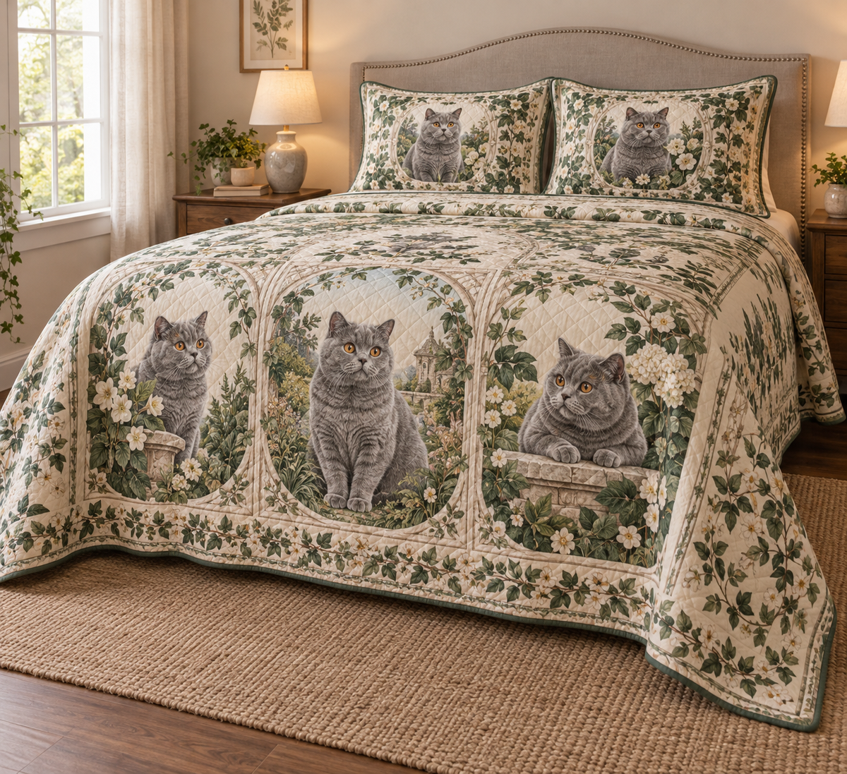 British Shorthair Cat Garden Cameos Quilt Set, low side-angle bedroom view