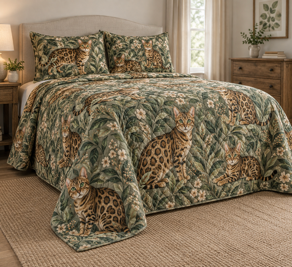 Bengal Cat Spotted Botanical Quilt Set, low side-angle bedroom view