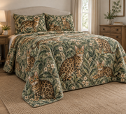 Bengal Cat Spotted Botanical Quilt Set, low side-angle bedroom view