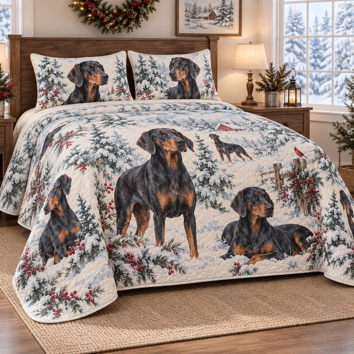 Doberman Pinscher Snowy Watercolor Christmas Quilt Set, low side-angle bedroom view